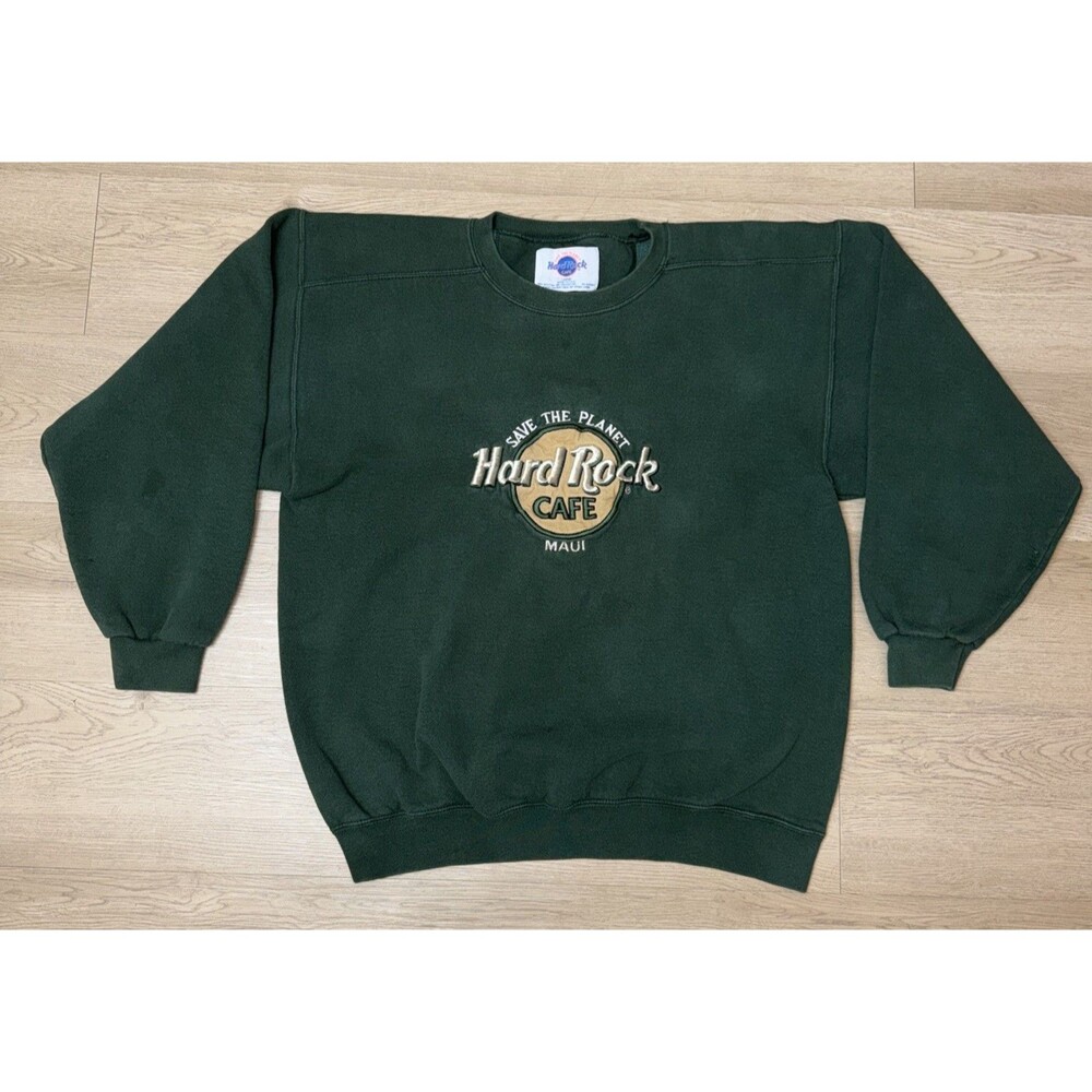 Vintage 90s Hard Rock Cafe Maui Sweatshirt Large Green Save The Planet USA Made